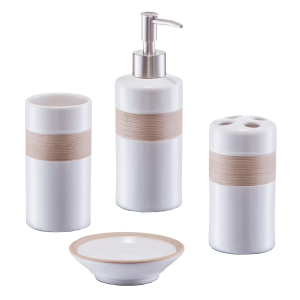 Zeller 4-teiliges Bad-Accessoires-Set in Geschenkverpackung, Seifenspender, Seifenschale, Zahnputzbecher, Utensilienhalter, Farbe: beige / braun, Material: Keramik Zeller 4-teiliges Bad-Accessoires-Set in Geschenkverpackung, Seifenspender, Seifenschale, Zahnputzbecher, Utensilienhalter, Farbe: beige / braun, Material: Keramik