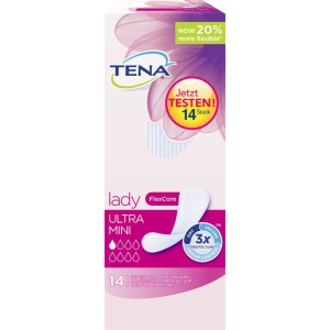 TENA Lady Ultra Mini Slipeinlagen, Mit Dreifachschutz vor Auslaufen, Feuchtigkeit und Gerüchen, 1 Packung = 14 Slipeinlagen, Länge: 19 cm TENA Lady Ultra Mini Slipeinlagen, Mit Dreifachschutz vor Auslaufen, Feuchtigkeit und Gerüchen, 1 Packung = 14 Slipeinlagen, Länge: 19 cm